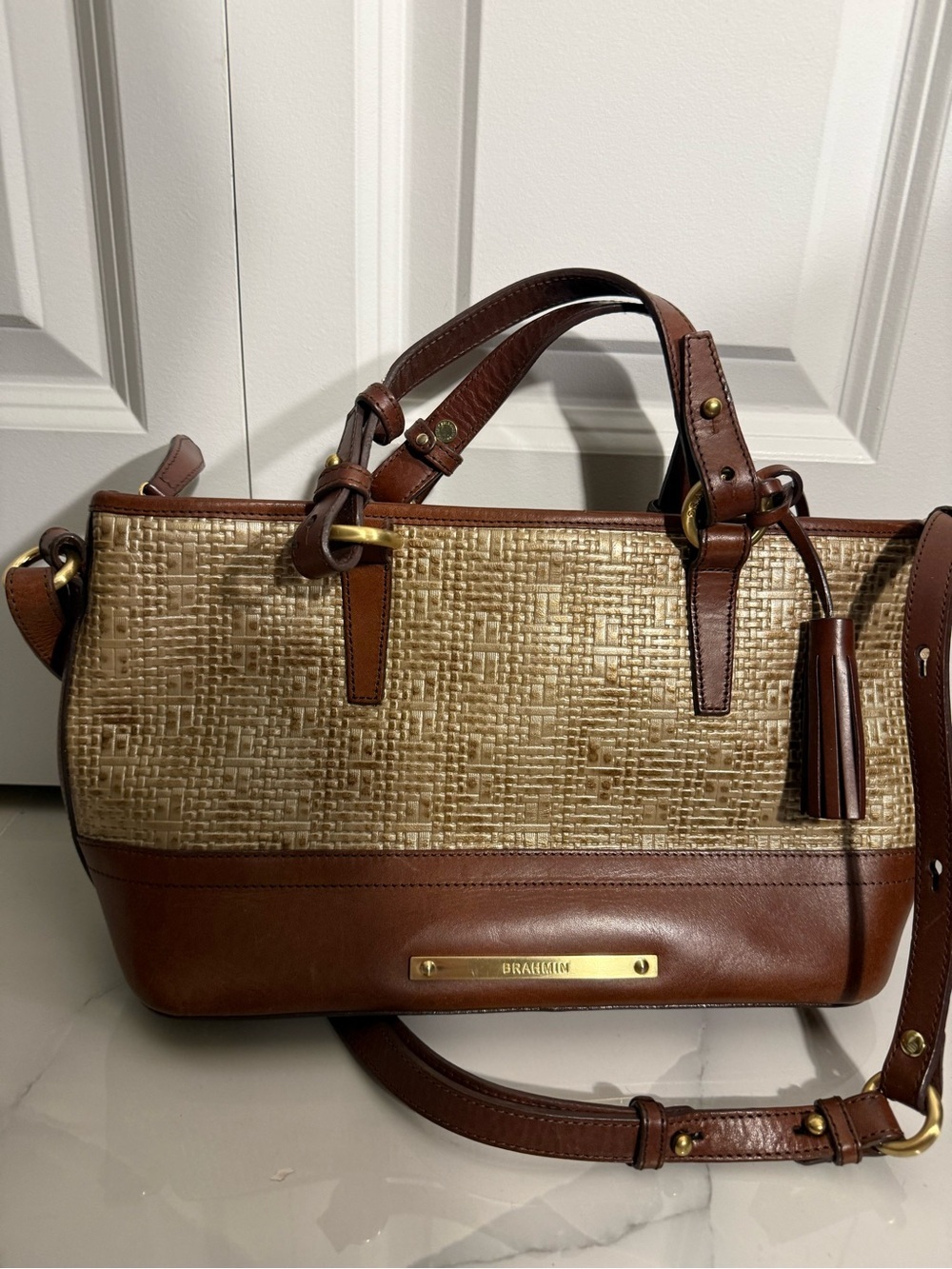 Brahmin Brown Leather & Natural Woven Shoulder Bag